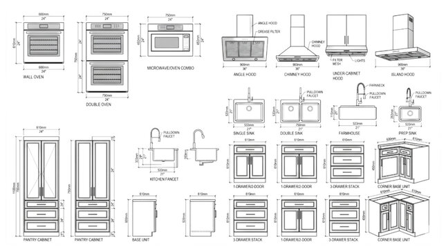 Comprehensive CAD blueprints detailing various modern kitchen appliances, cabinets, and fixtures with precise dimensions for architectural and interior design projects