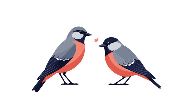 Two cute birds perched and looking at each other on white background for nature love and companionship and simple art concept.