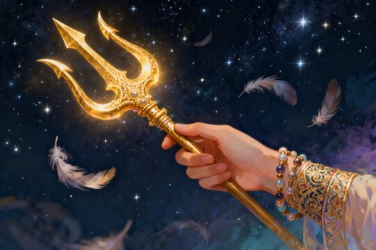 Hand holding golden trident in starry sky