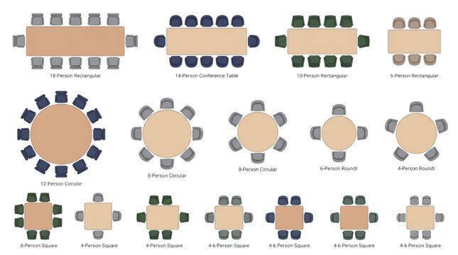 Versatile CAD collection of top-down meeting table layouts, depicting various seating capacities and table shapes for efficient interior design and facility planning concepts