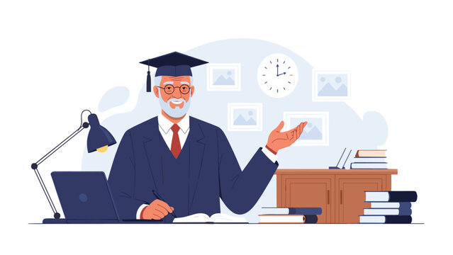 Senior man in graduation gown and cap sitting at desk with laptop for lifelong learning education and academic success concept.