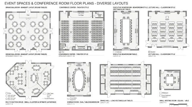 Detailed CAD schematics showcasing diverse event and conference room floor plans, illustrating various functional seating and table arrangements for optimal space utilization