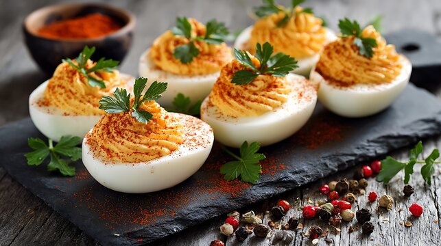 Party Deviled Eggs on Black Serving Plate / 黒いサービングプレートにのせたパーティー用デビルドエッグ