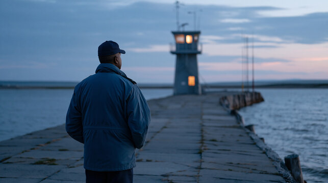 Coast Guard officer standing watch at desolate maritime border checkpoint at twilight, observation tower, empty dock stretching into darkening water, blue hour sky, national security perimeter, fede
