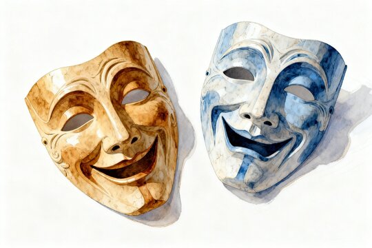 Two theatrical masks one smiling one frowning