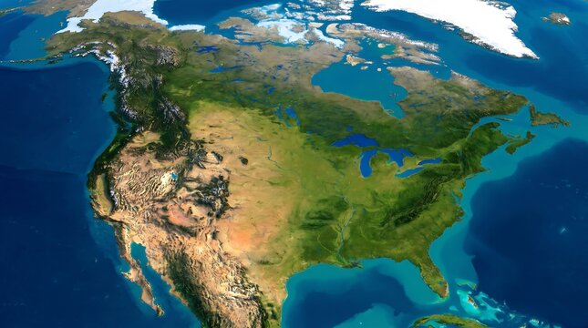 North America continent shown from space with detailed terrain and oceans global view.