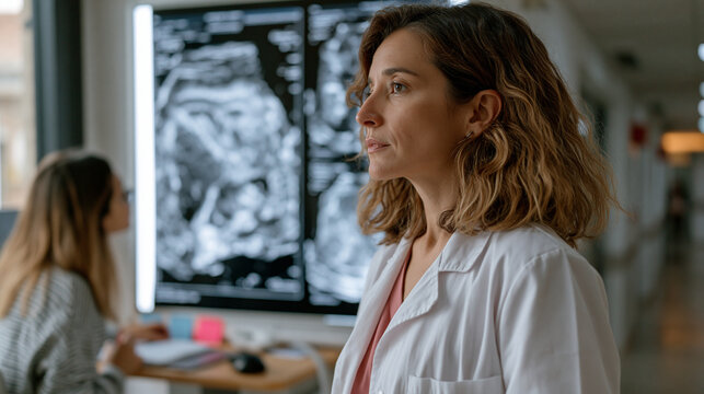 Board-certified internal medicine veterinarian reviewing ultrasound-guided liver biopsy results on wall lightbox in academic teaching hospital corridor, third-year student annotating histology compa
