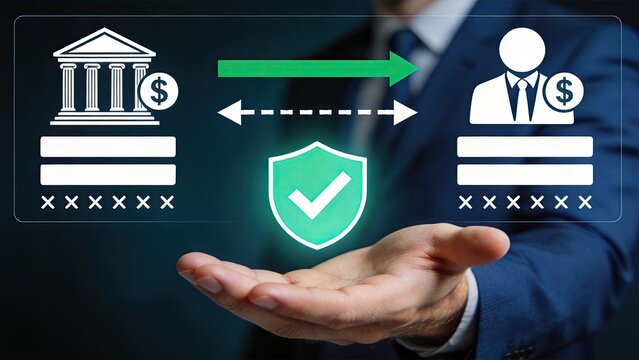 Secure online banking transaction illustration with bank and user icons connected by arrows, shield symbol for safety, financial data protection concept, encrypted money transfer