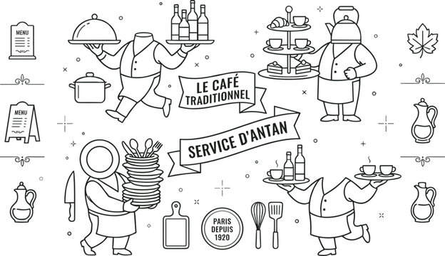 Vintage French Cafe Doodle Illustration Set with Waiters, Tea Service, Menu Boards, and Traditional Restaurant Elements in Hand Drawn Style