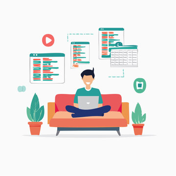 Man working on laptop on couch with coding and calendar screens