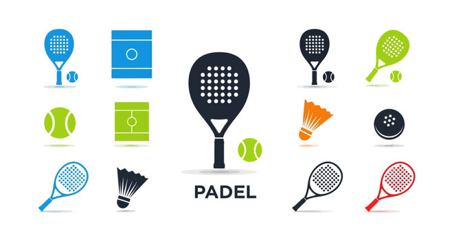 Collection of Padel and Badminton icons, including rackets, balls, shuttlecocks, and court elements, presented in various colors and styles.