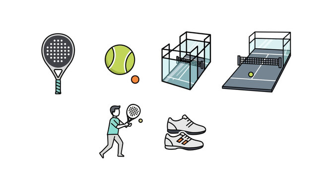 Collection of icons representing the sport of padel, including rackets, balls, courts, players, and footwear.