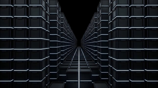 Black plastic crates stacked in a warehouse
