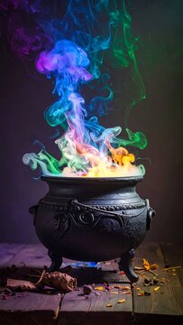 Witchcraft cauldron with colorful smoke rising.