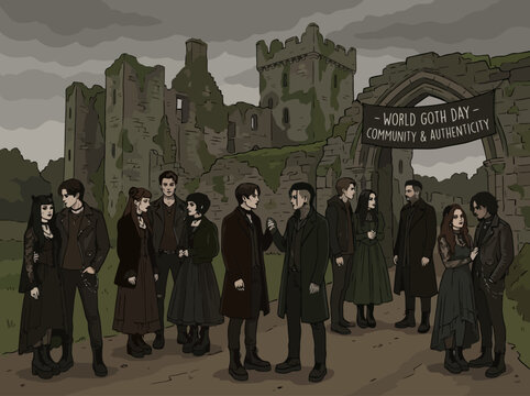 Gothic friends in black outfits standing by ancient castle ruins illustration