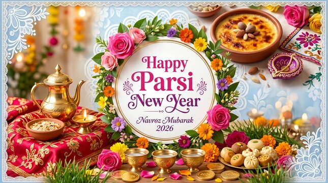 Happy Parsi New Year 2026 Greeting Vector Illustration with Navroz Mubarak Text, Traditional Sweets, Flowers, and Decorative Elements