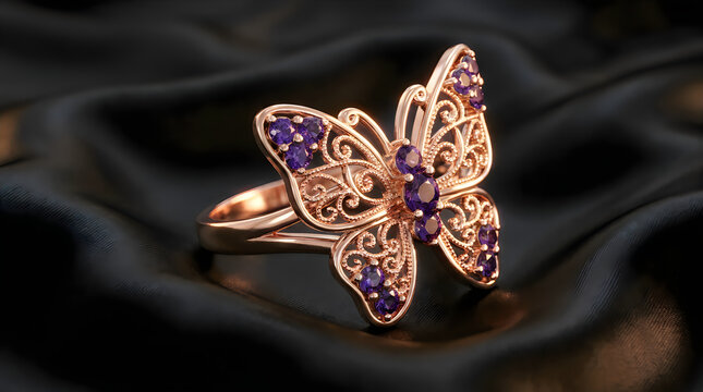 Elegant gold butterfly ring with purple and blue gemstones