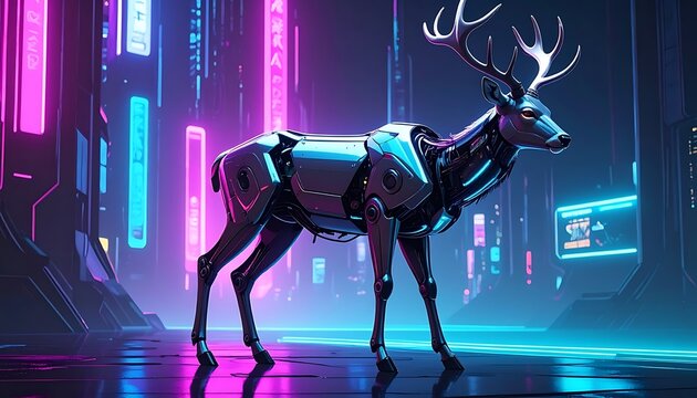 cybernetic deer in neon cityscape scene.