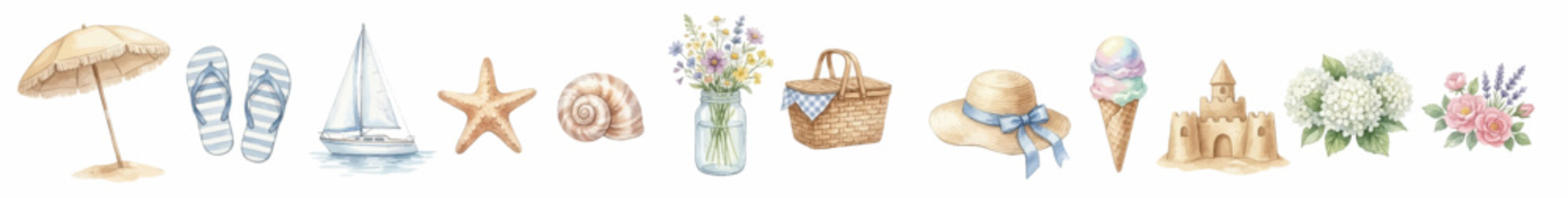 Pastel seaside lifestyle set with picnic and vac