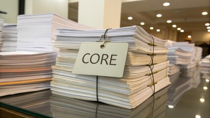 Fototapeta premium Stacked Paper Documents with Label Core in Modern Office Setting