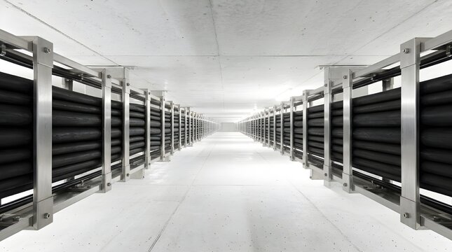 Long corridor with rows of industrial air conditioning units