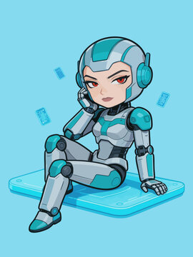 Chibi Female Android Resting on Digital Platform