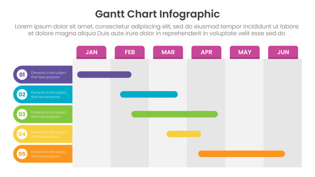 Gantt chart infographic template banner with big calendar planning table with round edge and full color long round rectangle stacked with tab on top for slide presentation