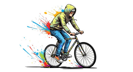 Obraz premium Person riding bicycle with colorful splashes.