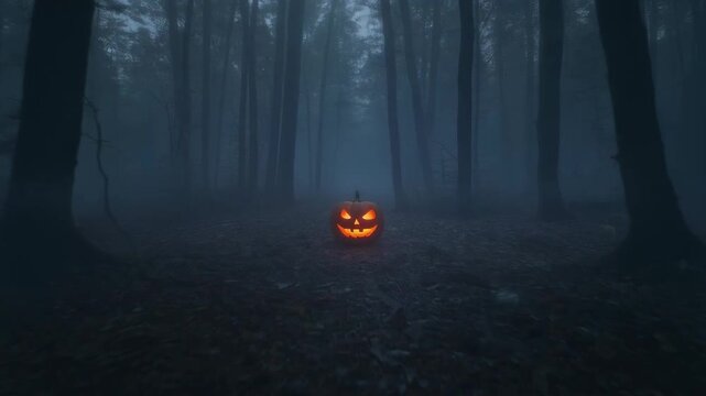 Pumpkin Jacko Lantern in Dark Forest Setting with Glowing Face