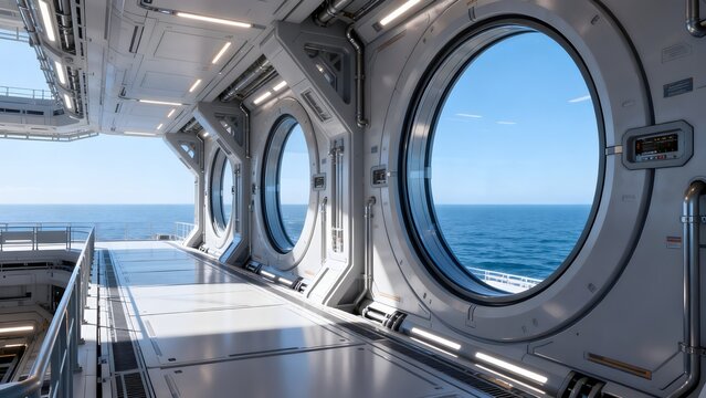 Futuristic ship corridor with ocean view
