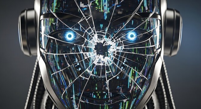 Cyborg face with cracked screen and blue glowing eyes showing technology gone wrong