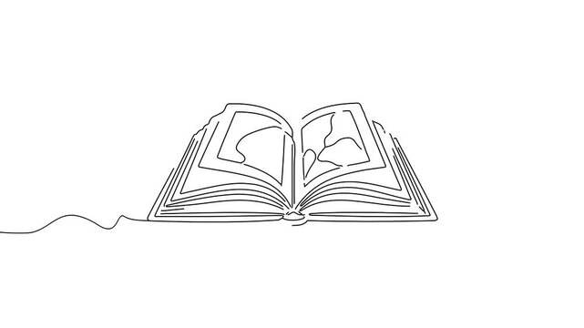Animation of line drawing of an open book, symbolizing knowledge and imagination.
