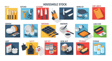 Obraz premium Illustrated kitchen and household items collection on colorful backgrounds