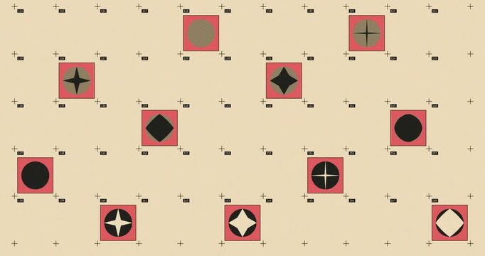 Abstract Bauhaus style motion graphic background with geometric shapes and grid, minimalist retro pattern animation with stars and circles, seamless loop VJ overlay