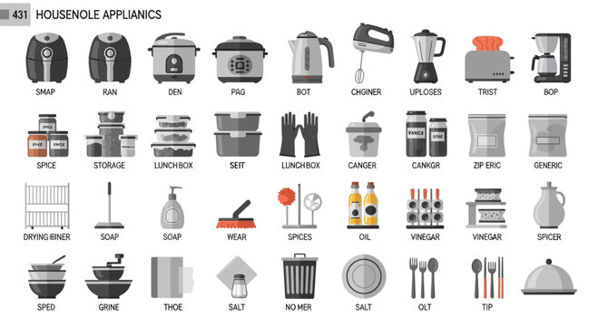 Illustrated kitchen appliances and utensils set for culinary and home use