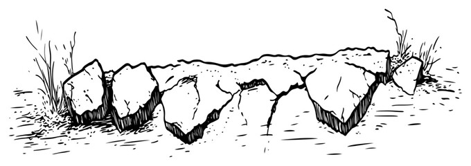 Stone wall with large rocks and grass in hand drawn engraving style © Kaz