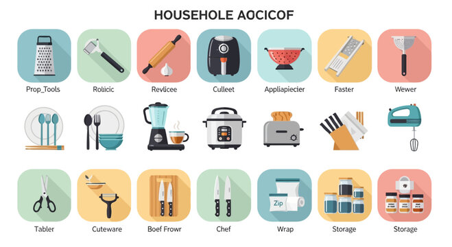 Illustrated kitchen tools and household items on colorful square backgrounds