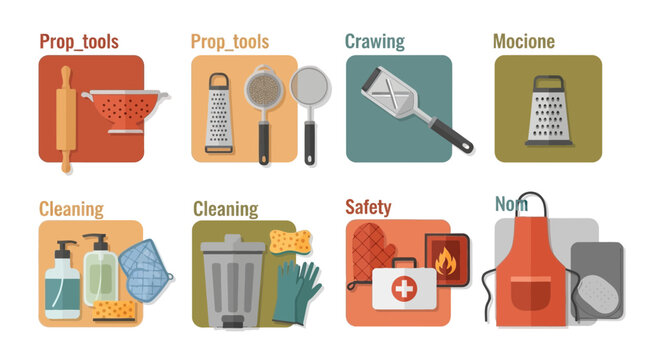 Illustrated kitchen tools and safety icons for cooking and cleaning tasks