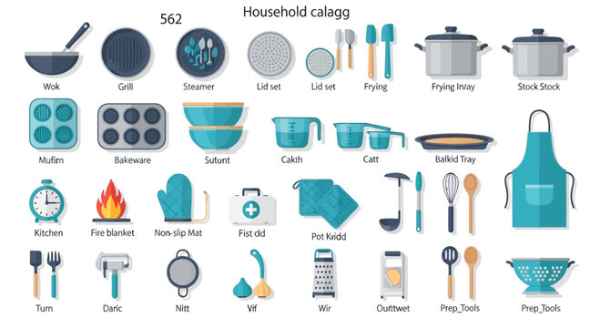 Illustrated kitchen utensils and cookware set isolated on white background