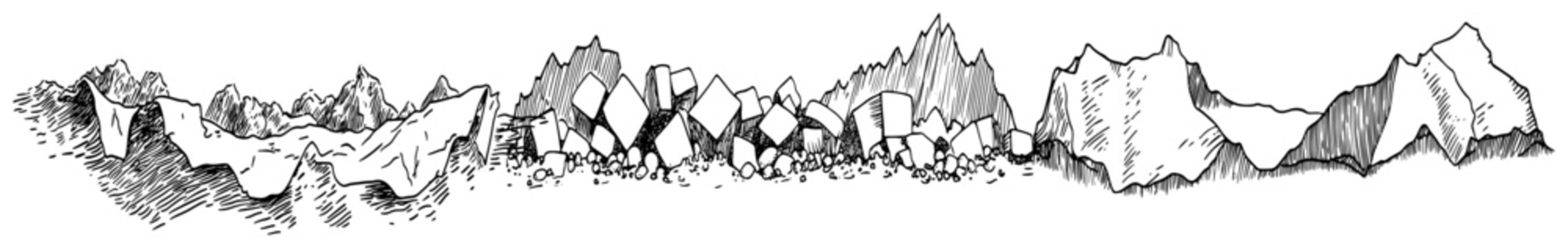 Jagged mountain peaks and rocky terrain borders in vintage engraving style