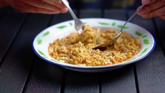 Mie nyemek. An Indonesian noodle dish cooked with a little water, beaten egg, and thick sauce.