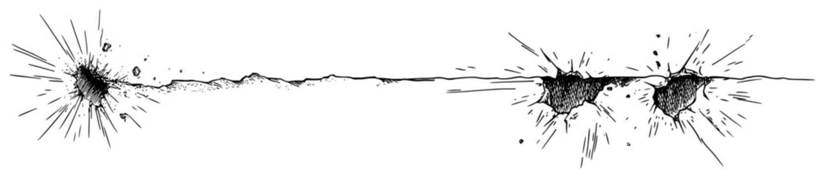 Impact craters and ground explosions with flying debris in dynamic line art style
