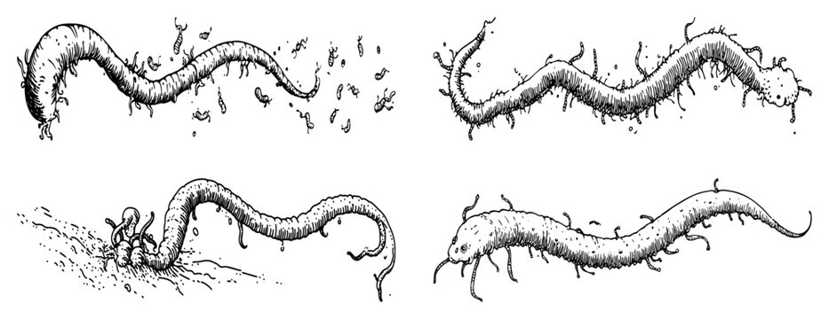 Caterpillar and worm creatures set in hand-drawn vintage engraving style