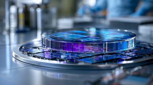 A close-up view of a scientific instrument with blue and purple lighting