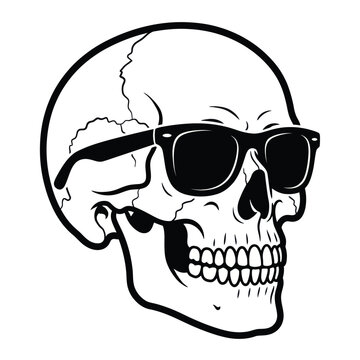 Skull wearing black sunglasses smiling.