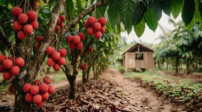 Ripe red lychees hanging in clusters on trees in a tropical orchard with a small hut in the background.