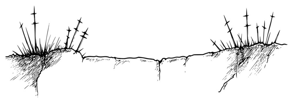 Barbed wire fence on trench edge in vintage woodcut style