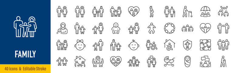 Fototapeta na wymiar Family web icons in line style. Parents, mother, father, baby, children, grandparents, collection. Vector illustration.