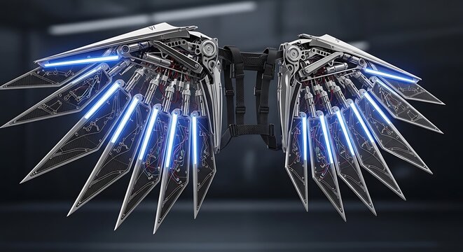 Cybernetic wings with glowing blue lights on a metallic and carbon fiber structure shown in photo