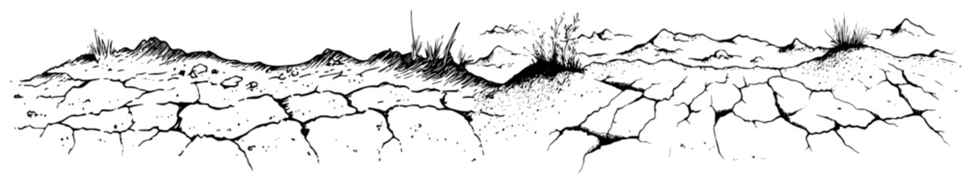 Dry parched ground with deep cracks and desert shrubs in hand drawn sketch style